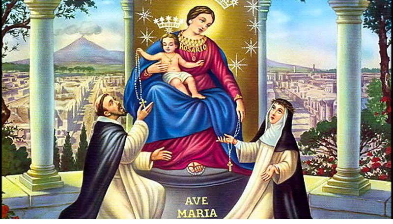 Pompei: the Shrine of the Blessed Virgin of the Rosary was erected with the spontaneous offerings of the faithful from all over the world; is one of the most important and visited Marian.The venerated painting depicts the Virgin Mary and Child Jesus presenting rosaries to Saint Dominic and Saint Catherine of Siena. 